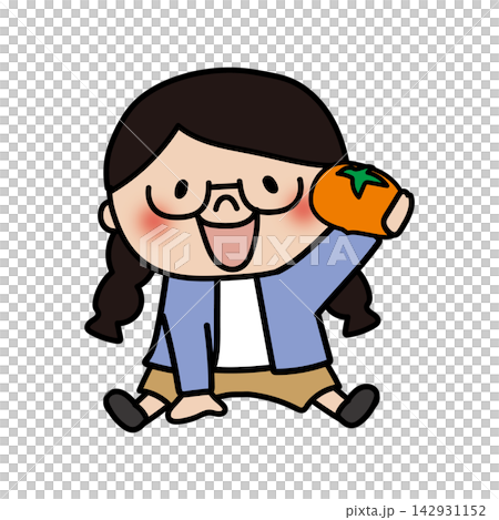 A bespectacled girl with braided hair holding autumn fruit. A bespectacled girl with braided hair holding autumn fruit. 142931152
