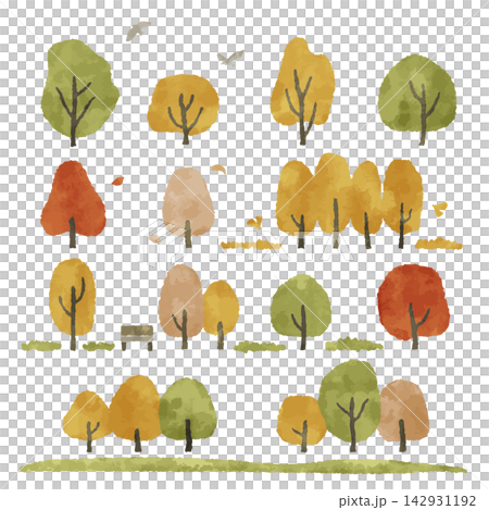 A set of simple and cute autumn-colored trees in a warm watercolor style vector illustration. A set of simple and cute autumn-colored trees in a warm watercolor style vector illustration. 142931192