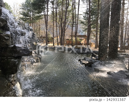 Rocky Waterfall and Pond with Pine Trees on Nami Island, South Korea 142931387