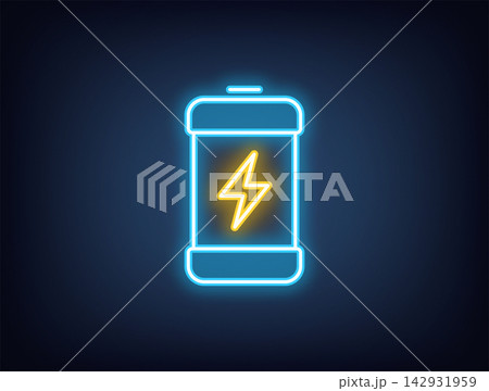Outline neon electric battery, blue yellow. Neon battery with lightning icon, charging accumulator. Energy efficiency level, electricity consumption control, device power management. Vector Outline neon electric battery, blue yellow. Neon battery with lightning icon, charging accumulator. Energy efficiency level, electricity consumption control, device power management. Vector 142931959