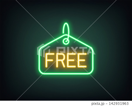 Outline neon free hangtag, green yellow. Neon promo label with text Free, shopping advertisement. Free gift offer, bonus shopping, gratis prize, offer without payment, zero price cost. Vector Outline neon free hangtag, green yellow. Neon promo label with text Free, shopping advertisement. Free gift offer, bonus shopping, gratis prize, offer without payment, zero price cost. Vector 142931963