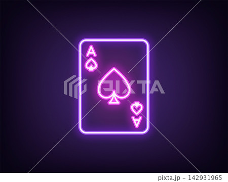 Outline neon spade ace, violet magenta. Neon card ace with spade icon, poker playroom. Spade card, poker game, play card suit, gambling casino game, black jack. Vector 142931965