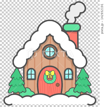 Cozy Christmas Log Cabin with Snow and Wreath Cozy Christmas Log Cabin with Snow and Wreath 142932191