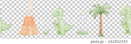 Cute baby dinosaur and volcano seamless border. Watercolour repeating nursery banner for kids. Colorful isolated illustrations 142932335