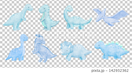 Cute cartoon blue dinosaur characters. Watercolour baby dino T-rex and triceratops for kids projects and childish nursery designs. Isolated illustrations set 142932362
