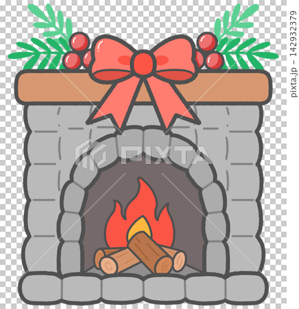 Cozy Christmas Fireplace with Ribbon Bow Cozy Christmas Fireplace with Ribbon Bow 142932379