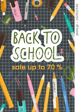 Back to school sale poster with stationery on dark grid background in flat vector style Back to school sale poster with stationery on dark grid background in flat vector style 142932540