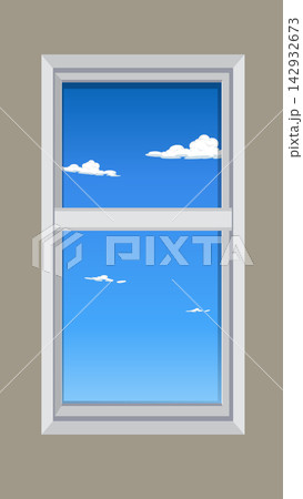 Modern White Window Frame with Blue Sky and Clouds View 142932673