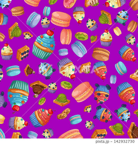 Seamless Vector Pattern of Colorful Cupcakes Macarons and Sweet Pastries 142932730