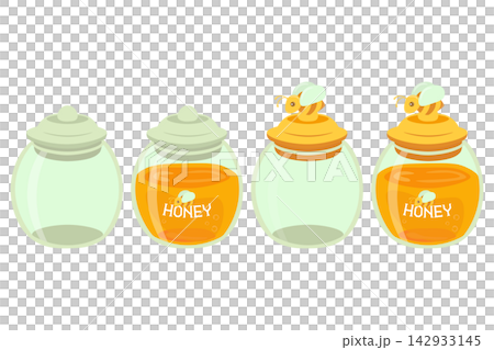 Illustration set of glass honey jars (empty, filled with honey, with bee-shaped handles) Illustration set of glass honey jars (empty, filled with honey, with bee-shaped handles) 142933145