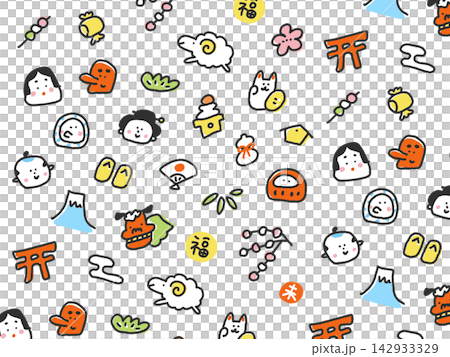 可愛的日式背景插圖，描繪了新年和羊年（2027年）的景象。 142933329