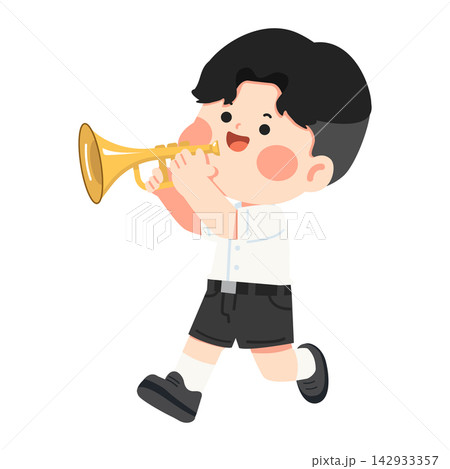 Trumpet player boy marching in school uniform for music performance Trumpet player boy marching in school uniform for music performance 142933357