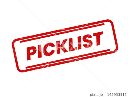 A distinct grunge textured red stamp featuring the prominent word PICKLIST centered within a clear rectangular outline A distinct grunge textured red stamp featuring the prominent word PICKLIST centered within a clear rectangular outline 142933515