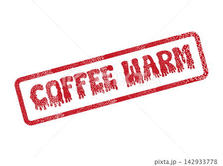 A distressed red ink stamp impression prominently displays the phrase Coffee Warm inside a rectangular box A distressed red ink stamp impression prominently displays the phrase Coffee Warm inside a rectangular box 142933778