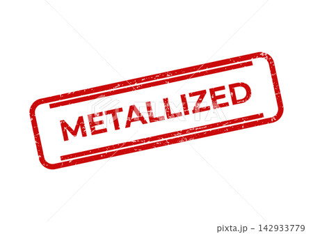 A distressed red rectangular rubber stamp featuring the word METALLIZED boldly displayed with a textured effect 142933779