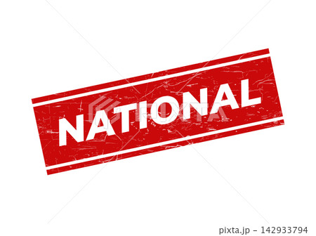 A distressed red rubber stamp featuring the word NATIONAL in bold uppercase letters on a clean surface 142933794