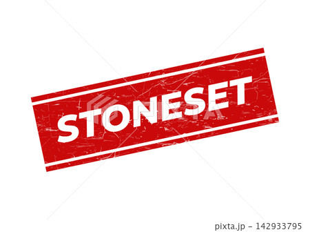 A distressed red rubber stamp featuring the word STONESET, conveying a finished or permanent state 142933795