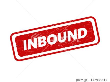 A distressed red rubber stamp with the prominent white text INBOUND angled dynamically A distressed red rubber stamp with the prominent white text INBOUND angled dynamically 142933815