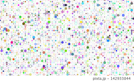 A dynamic multicolored abstract pattern filled with small dots, circles, and tiny lightning bolt symbols creating an energetic mosaic 142933844