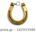 Keychain in the form of a metal horseshoe on a white background. Symbol of lucky. Talisman of success. 142933986