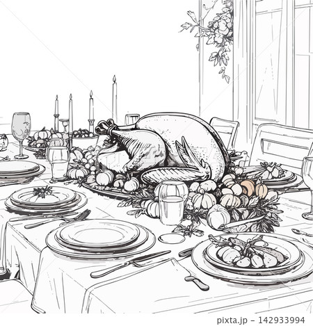 Thanksgiving dinner table setting outline drawing Thanksgiving dinner table setting outline drawing 142933994