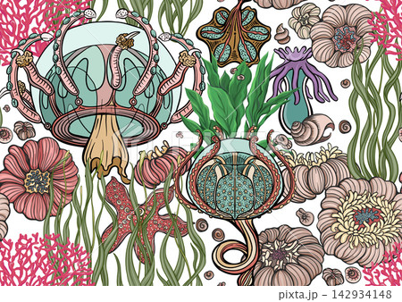 Colorful seamless marine pattern with corals Colorful seamless marine pattern with corals 142934148