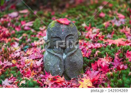 Smile Jizo Buddha by fallen maple leaves at Enko-ji garden, Kyoto Smile Jizo Buddha by fallen maple leaves at Enko-ji garden, Kyoto 142934269
