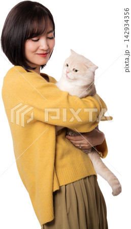 Happy young asian woman holding white cat pet with gentle love and artificial intelligence technology concept for digital chatbot assistant applications on isolated transparency background Happy young asian woman holding white cat pet with gentle love and artificial intelligence technology concept for digital chatbot assistant applications on isolated transparency background 142934356