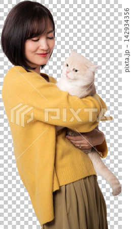 Happy young asian woman holding white cat pet with gentle love and artificial intelligence technology concept for digital chatbot assistant applications on isolated transparency background Happy young asian woman holding white cat pet with gentle love and artificial intelligence technology concept for digital chatbot assistant applications on isolated transparency background 142934356