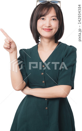Happy young asian woman point finger up present modern artificial intelligence chatbot concept with confident smile isolated on transparency background clear studio portrait 142934384
