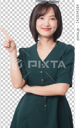 Happy young asian woman point finger up present modern artificial intelligence chatbot concept with confident smile isolated on transparency background clear studio portrait 142934384