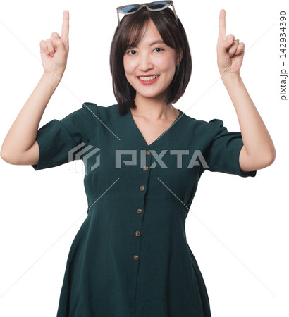 Happy asian woman pointing finger up at copy space showing artificial intelligence chatbot search technology idea solution presentation isolated on clear background 142934390
