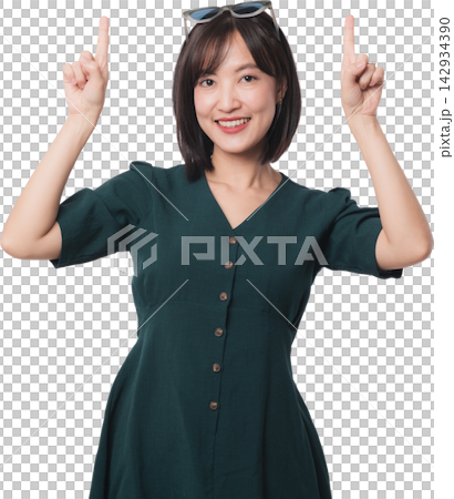 Happy asian woman pointing finger up at copy space showing artificial intelligence chatbot search technology idea solution presentation isolated on clear background 142934390
