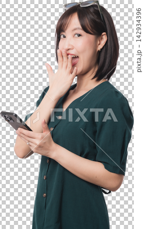Surprised asian woman holding mobile phone using artificial intelligence chatbot app with excited happy face expression isolated on transparency background background studio shot Surprised asian woman holding mobile phone using artificial intelligence chatbot app with excited happy face expression isolated on transparency background background studio shot 142934396