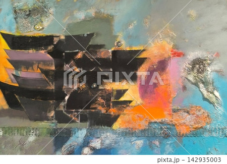Abstract Expressionist Painting Featuring Dynamic Geometric Shapes and Textured Colorful Forms 142935003