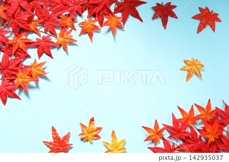秋をイメージした紅葉と青色背景のフレーム 秋をイメージした紅葉と青色背景のフレーム 142935037