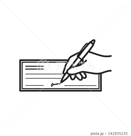 Line art illustration of a hand signing a bank cheque with a pen, representing financial transaction, payment, business agreement, banking, and billing.   142935235