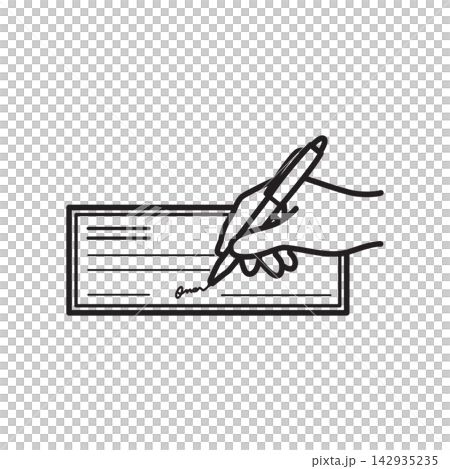 Line art illustration of a hand signing a bank cheque with a pen, representing financial transaction, payment, business agreement, banking, and billing.   142935235
