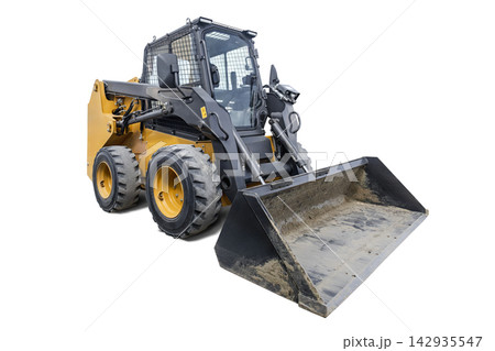 A mini loader is positioned on a pure background, showcasing its structure and features without any other objects or people present A mini loader is positioned on a pure background, showcasing its structure and features without any other objects or people present 142935547