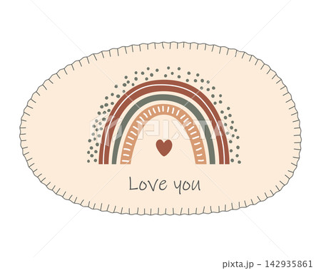Cute oval shape frame with stylized decorative stitches, with rainbow and Love you message. Sewed textile patch decoration detail, vector isolated illustration. 142935861