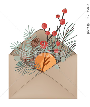 Christmas composition of winter branches and Fehu rune cookie in an envelope. Happy Holidays wishes. Vector isolated illustration. 142935864