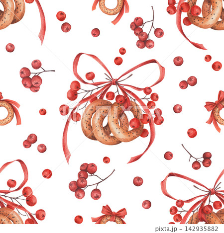 Seamless pattern with traditional sushki (bagel), poppy seeds, rowan berries, and big red ribbon on a white background. Watercolor illustration. Ideal for design of textile, wrapping paper, wallpaper 142935882