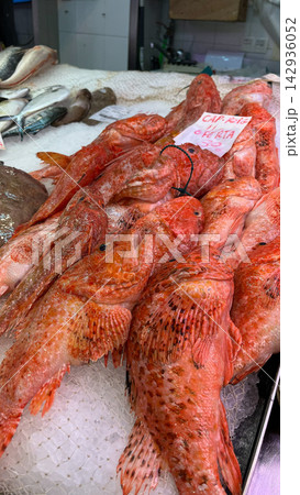 Fresh red fish displayed on ice at seafood market with price tag visible in background Fresh red fish displayed on ice at seafood market with price tag visible in background 142936052