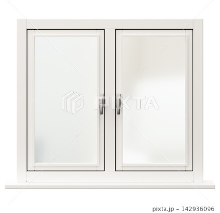 The window shows a front view with two panels. It has a white frame. The design is modern and clean, suitable for residential use. It is cut out against a clear background The window shows a front view with two panels. It has a white frame. The design is modern and clean, suitable for residential use. It is cut out against a clear background 142936096