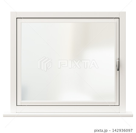This is a front view of a modern window set against a clear background. The window has a simple design with a smooth surface and is part of a 3D render showing its details This is a front view of a modern window set against a clear background. The window has a simple design with a smooth surface and is part of a 3D render showing its details 142936097