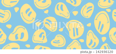 Vector illustration. Funny smiling happy face. Cartoon style. Seamless pattern. Smiley on a blue background. Fashion character doodle wallpaper. Suitable for wallpaper, cover and textile design. Vector illustration. Funny smiling happy face. Cartoon style. Seamless pattern. Smiley on a blue background. Fashion character doodle wallpaper. Suitable for wallpaper, cover and textile design. 142936120