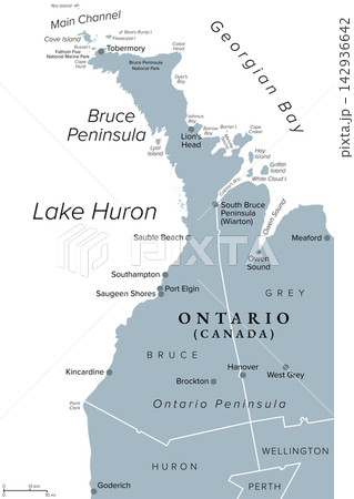 Bruce Peninsula, Southwestern Ontario, Canada, gray political map. Peninsula located within Bruce County, dividing Georgian Bay from main basin of Lake Huron, and part of Ontario Peninsula. Vector 142936642