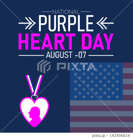 National Purple Heart Day. Vector illustration with heart medal icon and celebrated in August. Perfect for banners, posters,card,background,Header design, social media. 142936819