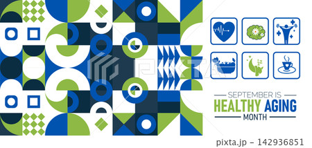 Healthy Aging Month. Vector illustration with exercise,diet icon and celebrated in September. Perfect for banners, posters,card,background,Header design, Social media . Healthy Aging Month. Vector illustration with exercise,diet icon and celebrated in September. Perfect for banners, posters,card,background,Header design, Social media . 142936851