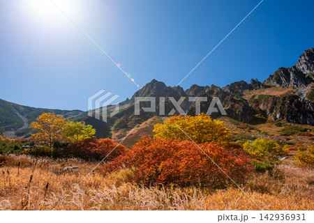 秋晴れの空の下、紅葉に彩られた千畳敷カールと岩肌を流れる美しい沢の風景 秋晴れの空の下、紅葉に彩られた千畳敷カールと岩肌を流れる美しい沢の風景 142936931